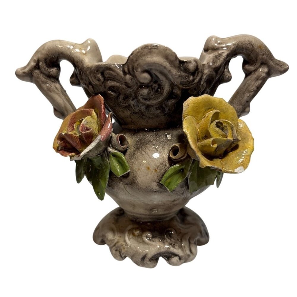 Bassano Vase Italian Ceramic Vase With 3D Rose Accents Vintage 4" READ